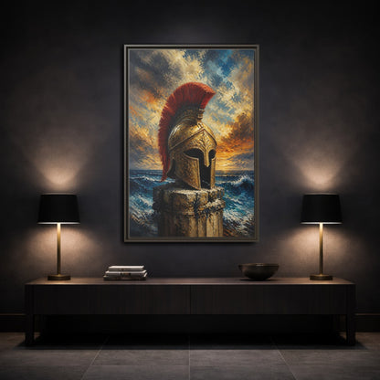 Mockup 3. Golden Roman Helmet At Sea shown as framed canvas print