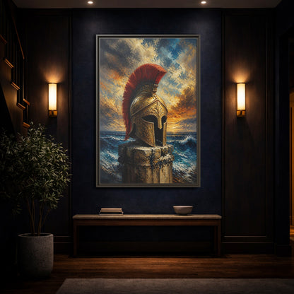Mockup 4. Golden Roman Helmet At Sea shown as framed canvas print