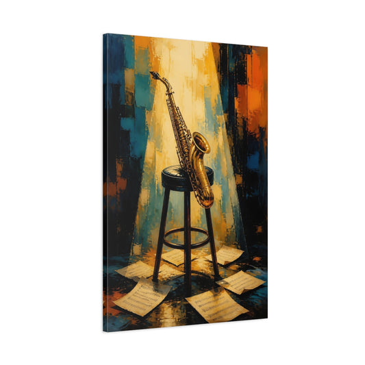 Main Mockup. Golden Saxophone On Stool shown as canvas print