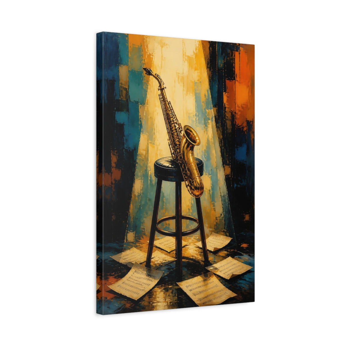 Side Mockup 3. Golden Saxophone On Stool shown as canvas print
