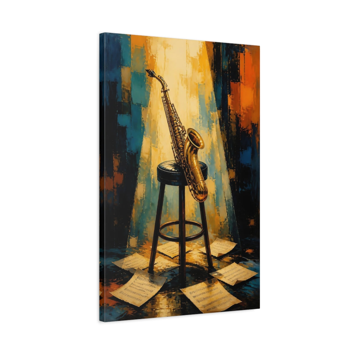 Side Mockup 2. Golden Saxophone On Stool shown as canvas print