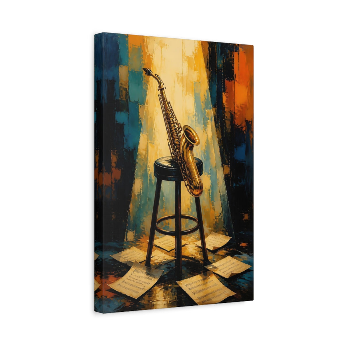Side Mockup 4. Golden Saxophone On Stool shown as canvas print