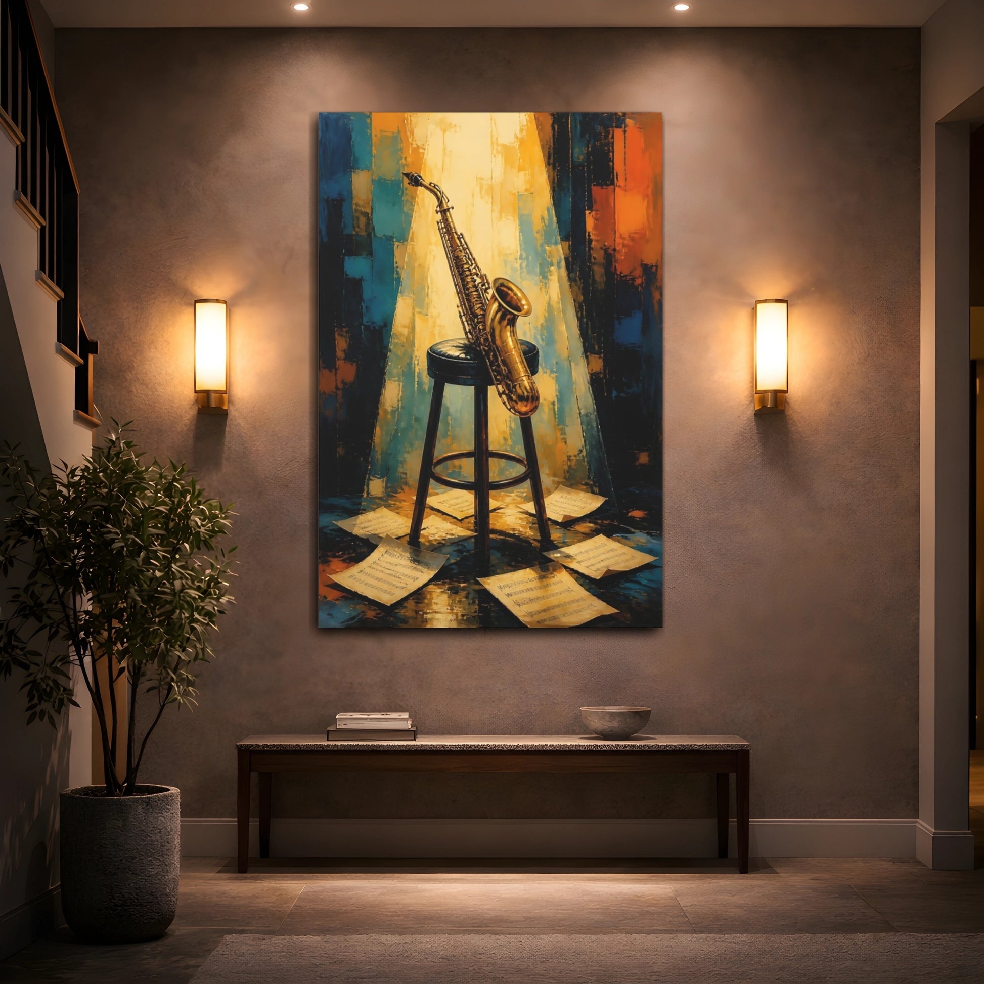 Mockup 2. Golden Saxophone On Stool shown as canvas print