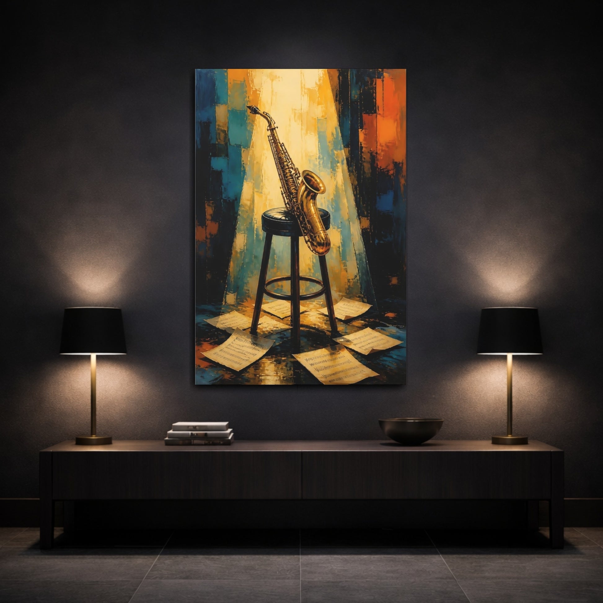 Mockup 3. Golden Saxophone On Stool shown as canvas print