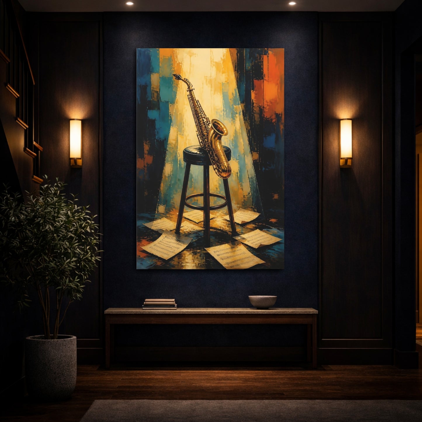 Mockup 4. Golden Saxophone On Stool shown as canvas print
