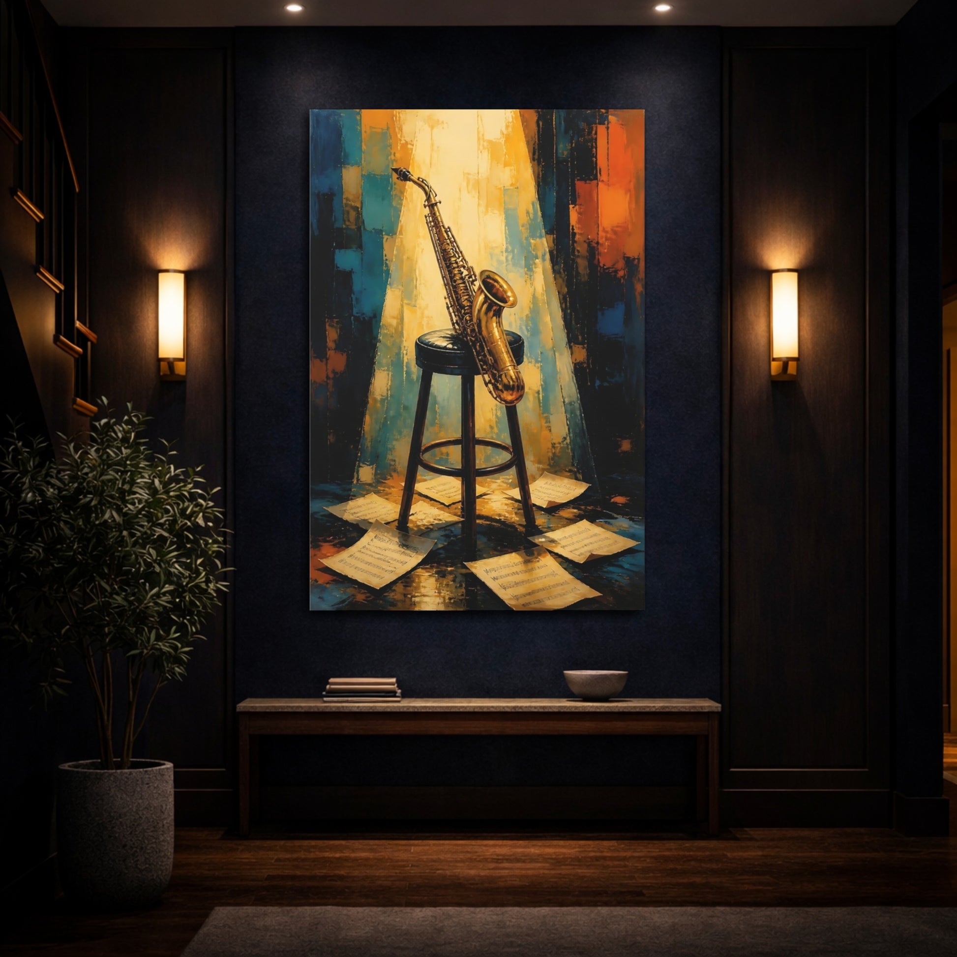 Mockup 4. Golden Saxophone On Stool shown as canvas print