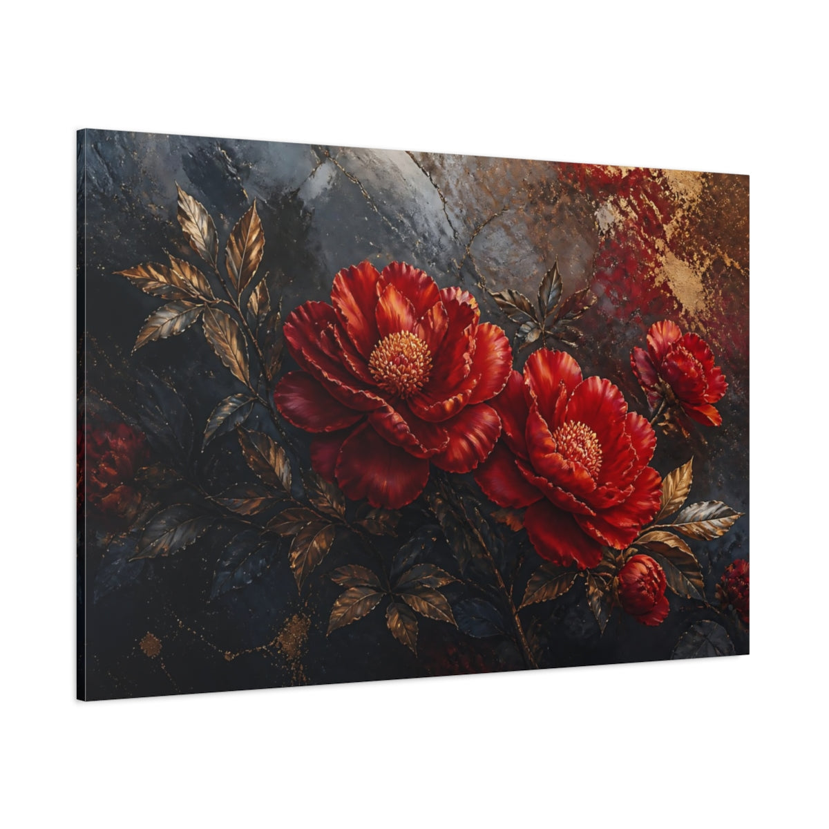 Side Mockup 1. Golden Scarlet Peonies shown as canvas print