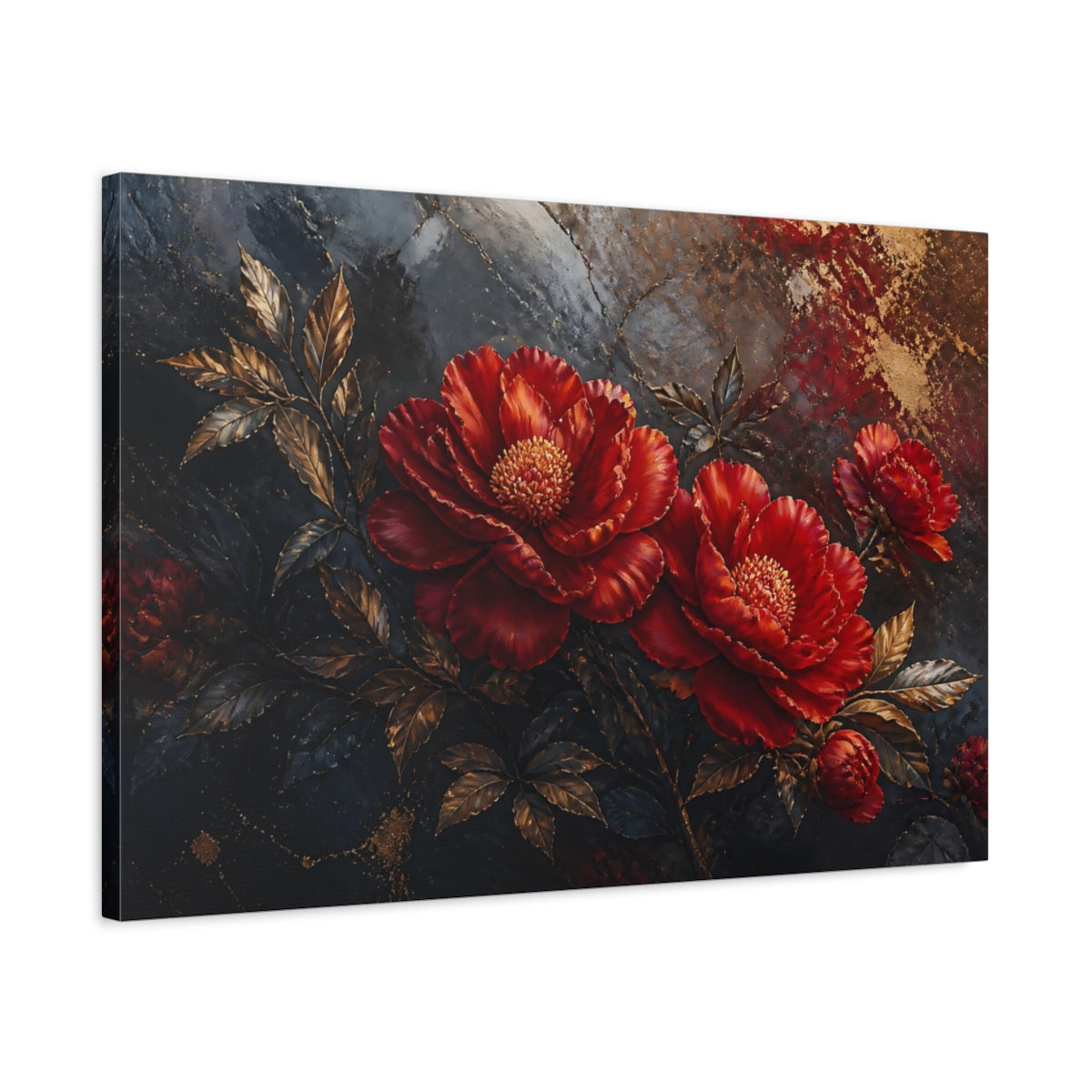 Side Mockup 2. Golden Scarlet Peonies shown as canvas print