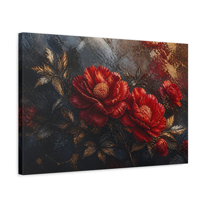 Side Mockup 3. Golden Scarlet Peonies shown as canvas print