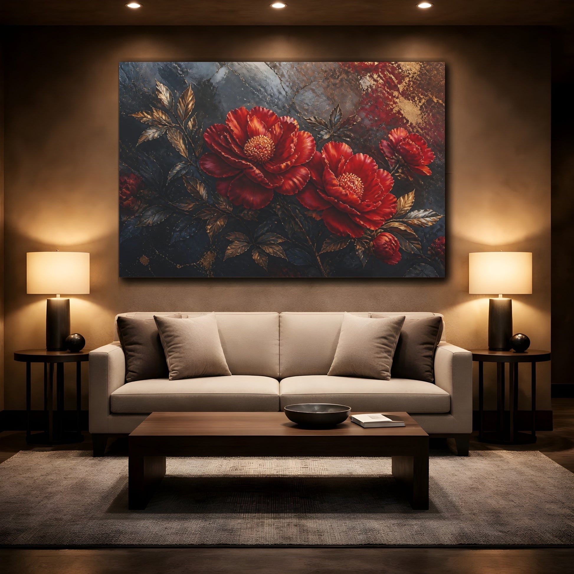 Mockup 2. Golden Scarlet Peonies shown as canvas print