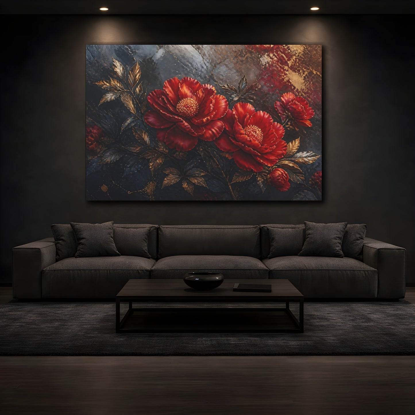 Mockup 3. Golden Scarlet Peonies shown as canvas print