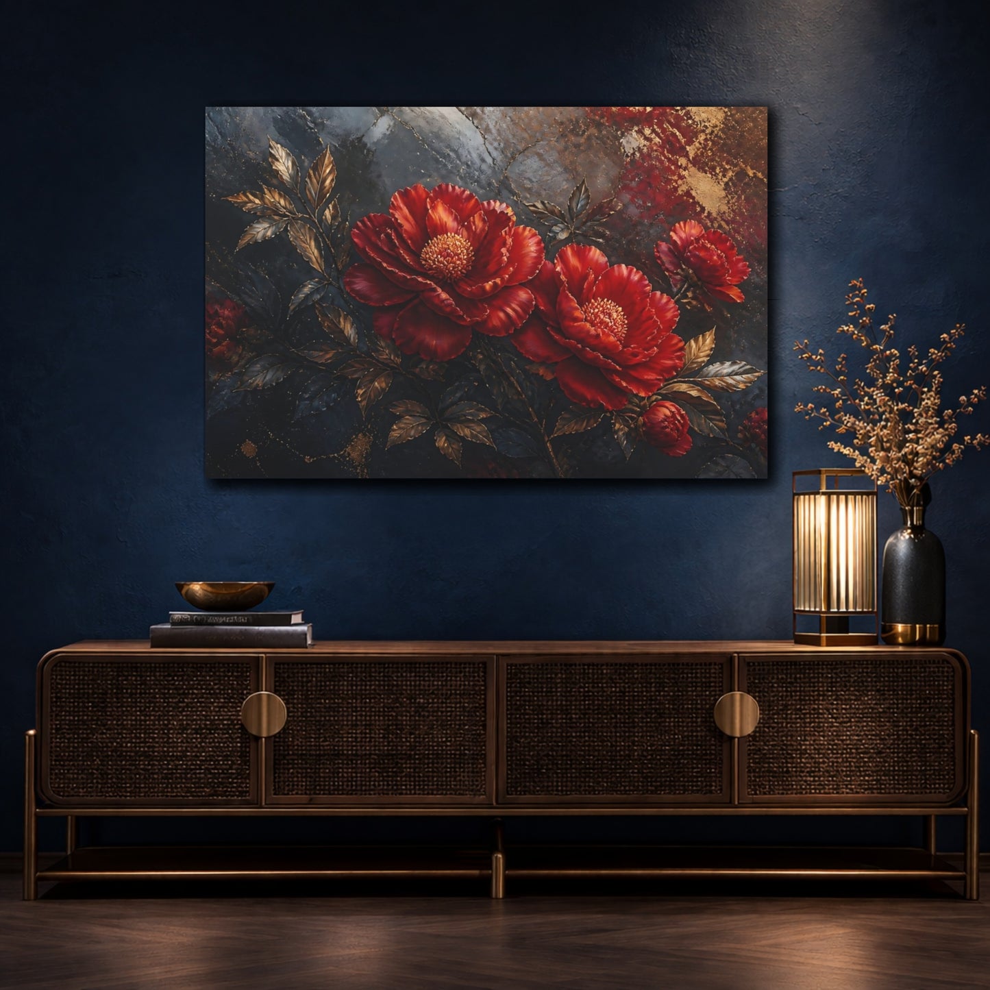 Mockup 4. Golden Scarlet Peonies shown as canvas print