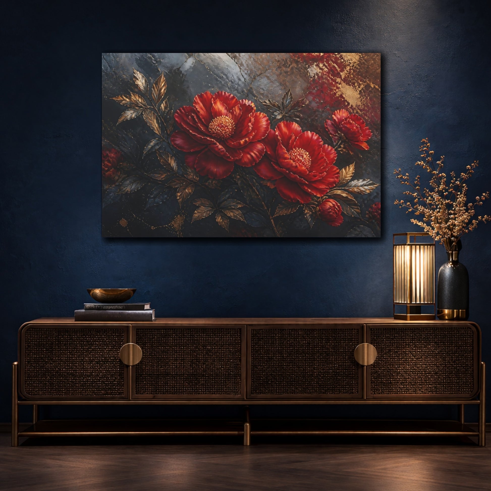Mockup 4. Golden Scarlet Peonies shown as canvas print