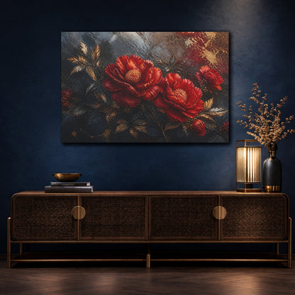 Mockup 4. Golden Scarlet Peonies shown as canvas print