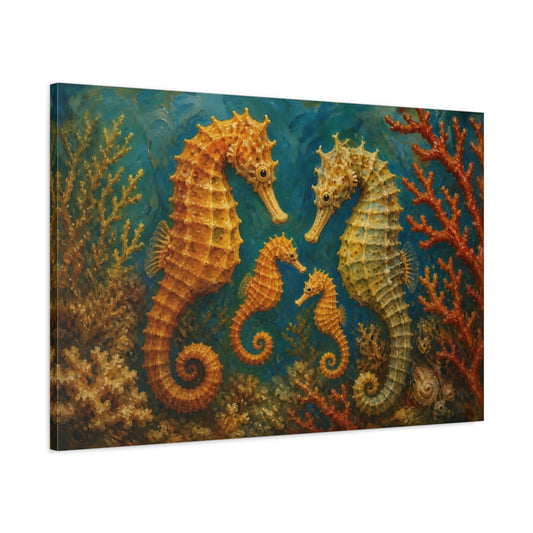Main Mockup. Golden Seahorse Family shown as canvas print