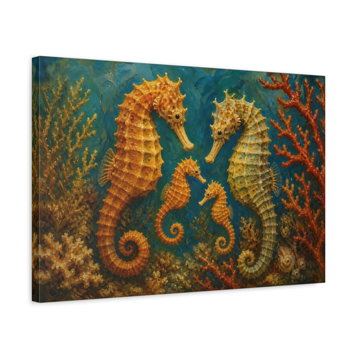 Side Mockup 3. Golden Seahorse Family shown as canvas print