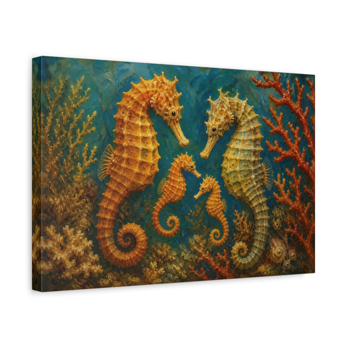 Side Mockup 4. Golden Seahorse Family shown as canvas print