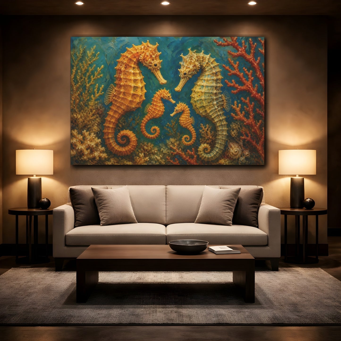 Mockup 2. Golden Seahorse Family shown as canvas print