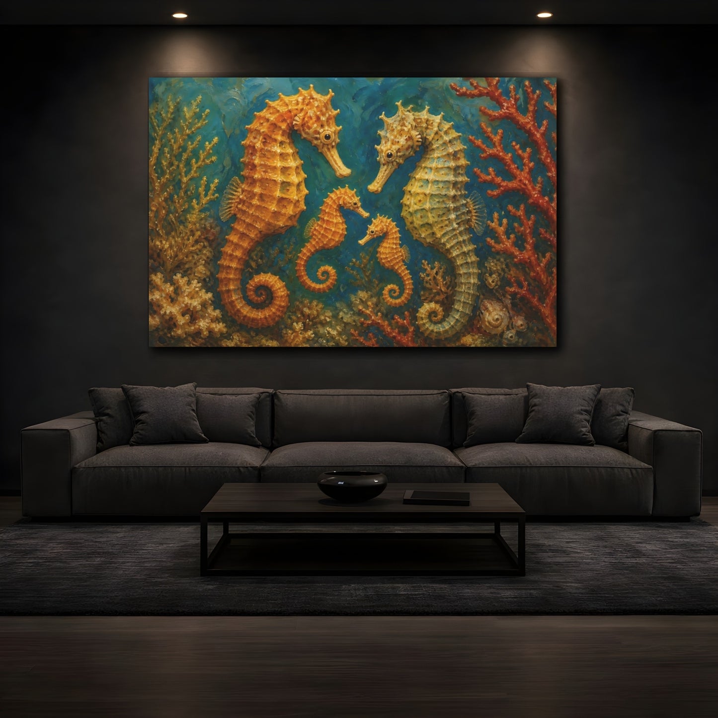 Mockup 3. Golden Seahorse Family shown as canvas print