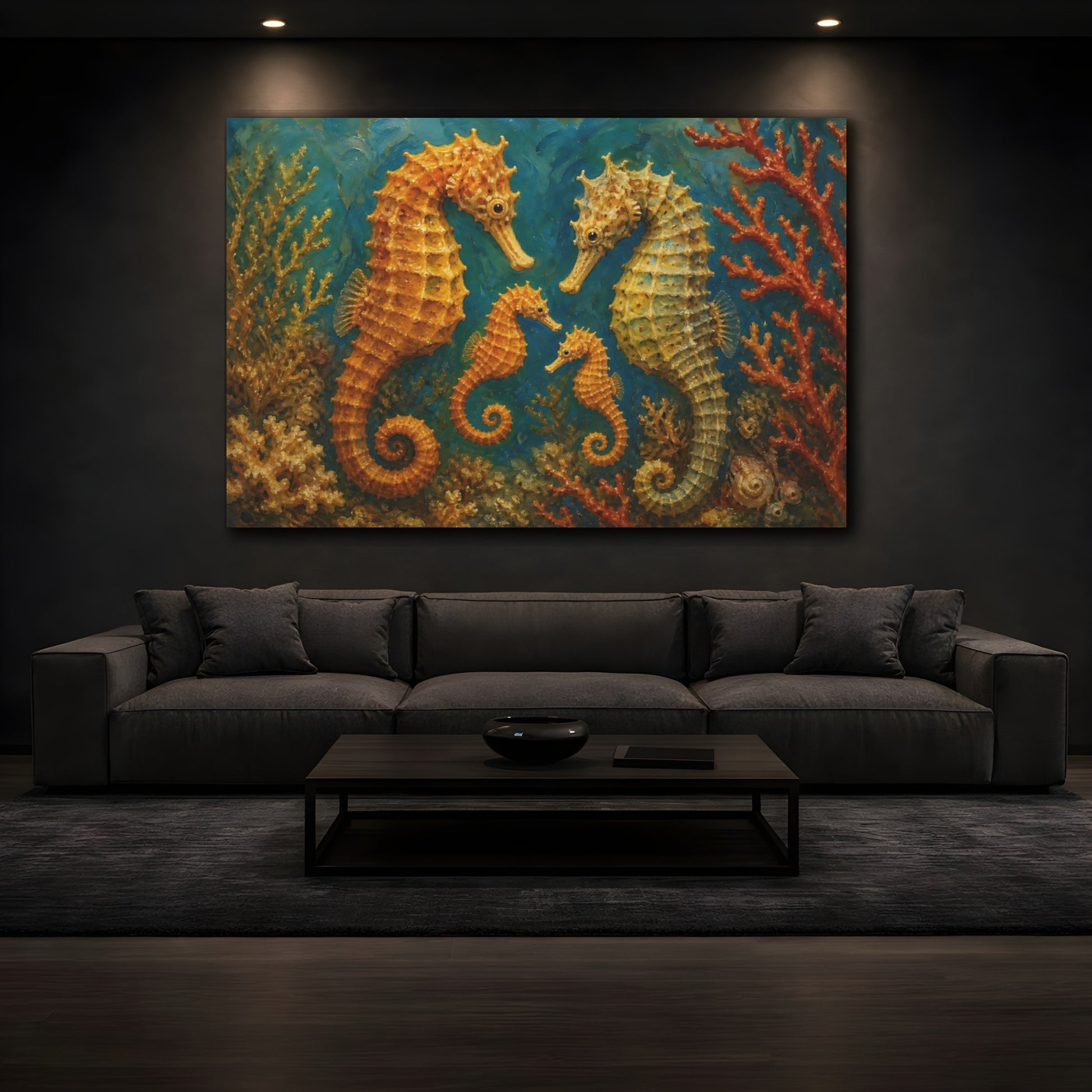Mockup 3. Golden Seahorse Family shown as canvas print