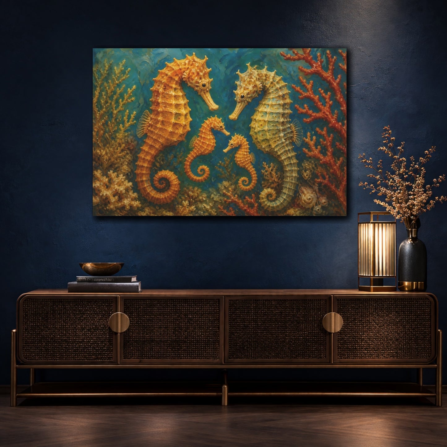 Mockup 4. Golden Seahorse Family shown as canvas print