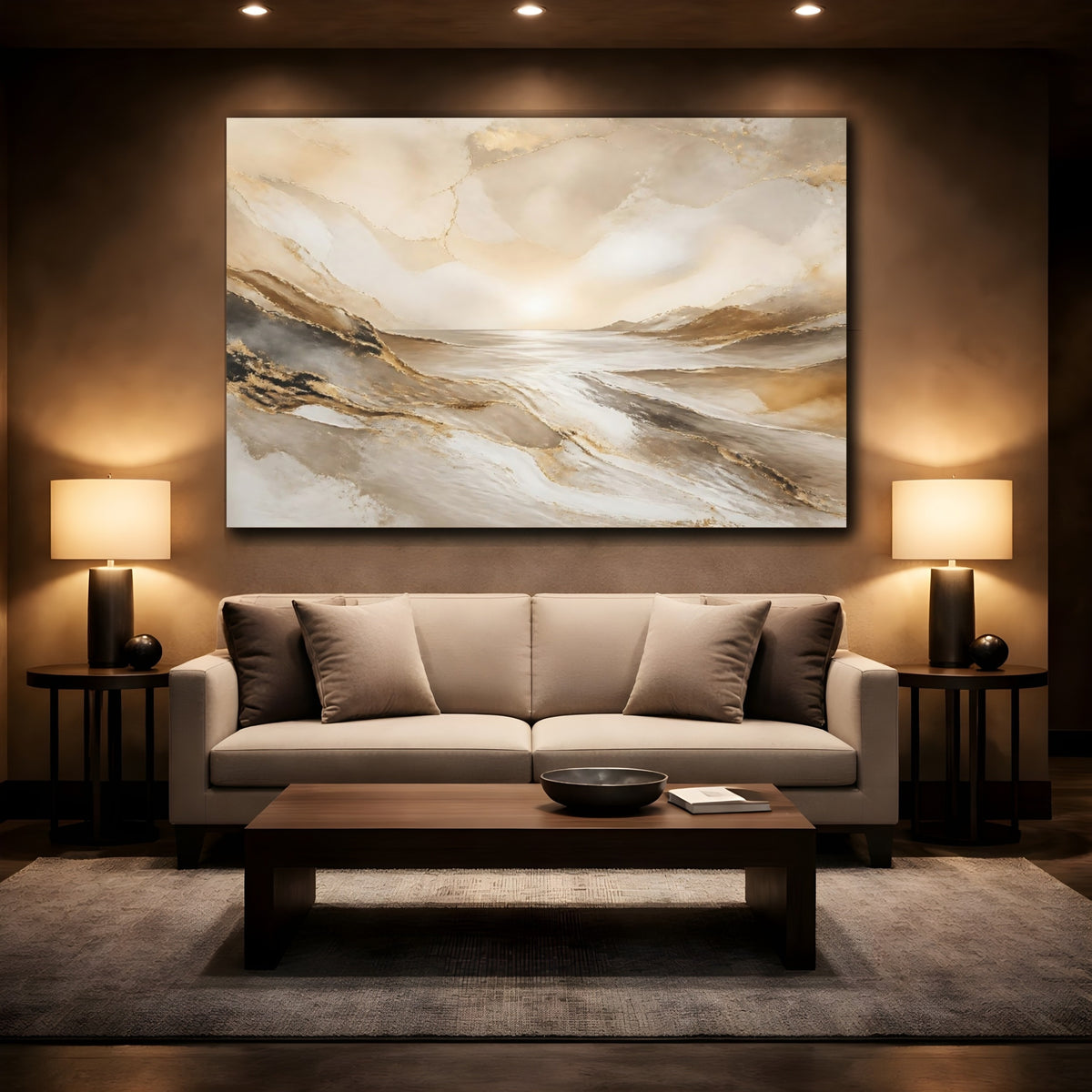 Mockup 2. Golden Seascape Sunrise shown as canvas print