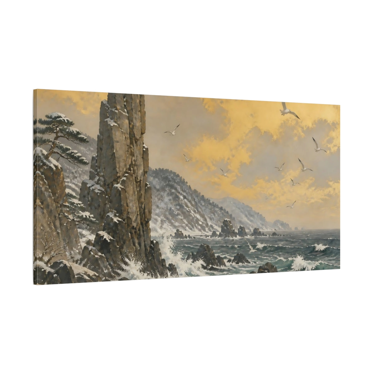Side Mockup 2. Golden Sky Over Rocky Cliffs shown as canvas print