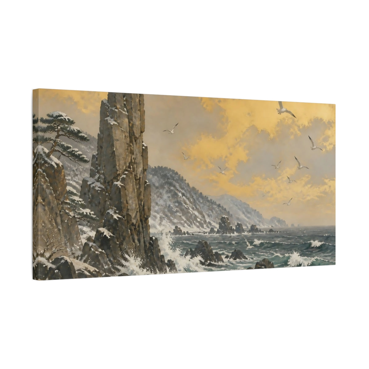 Side Mockup 1. Golden Sky Over Rocky Cliffs shown as canvas print
