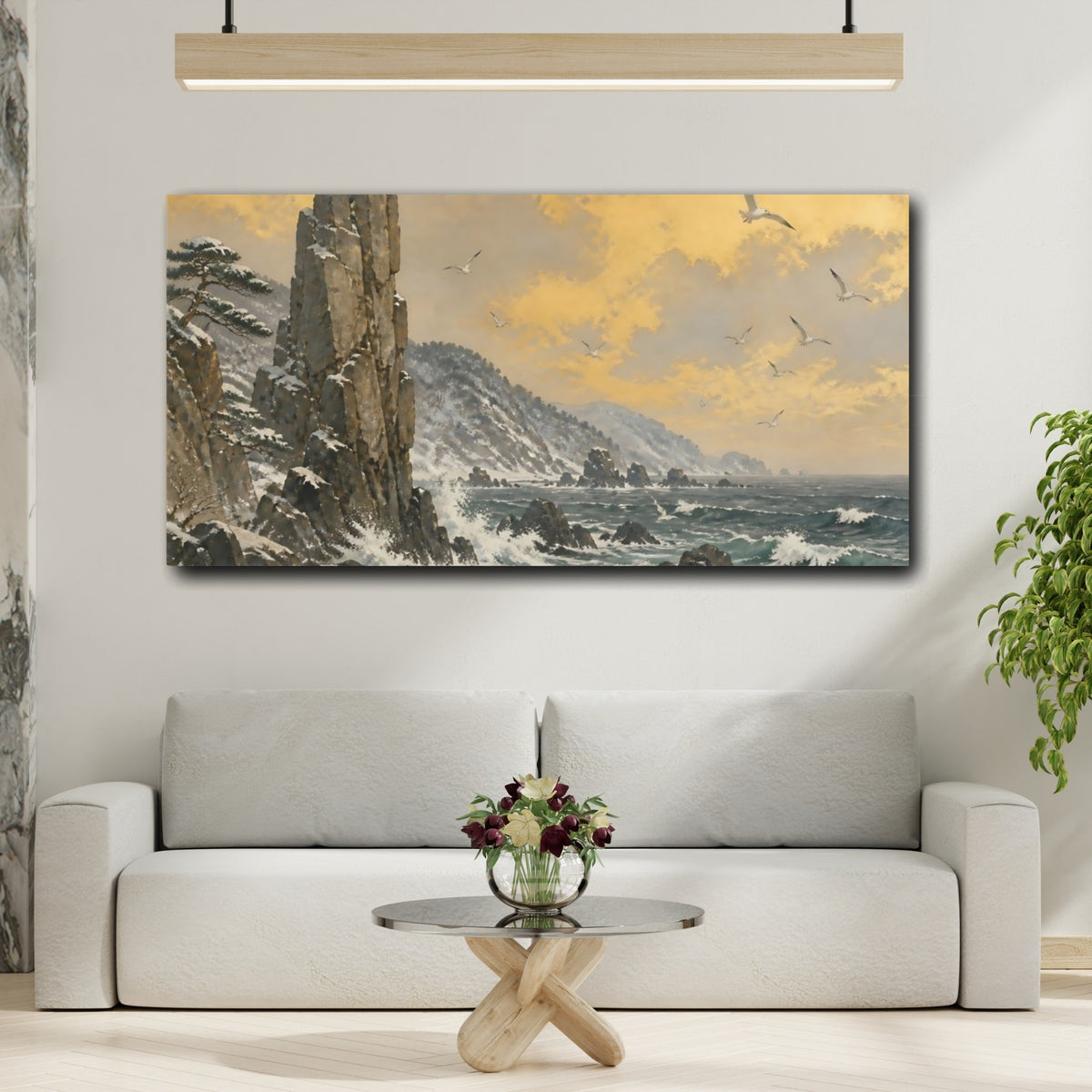 Mockup 2. Golden Sky Over Rocky Cliffs shown as canvas print