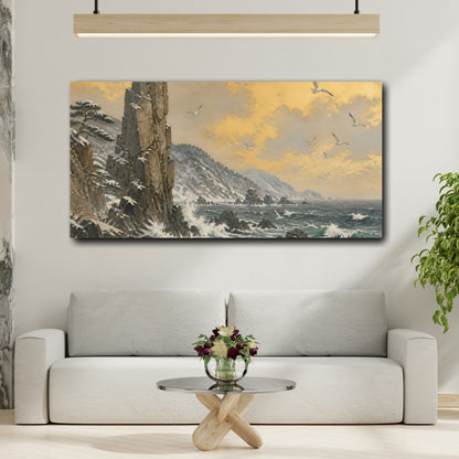 Mockup 2. Golden Sky Over Rocky Cliffs shown as canvas print