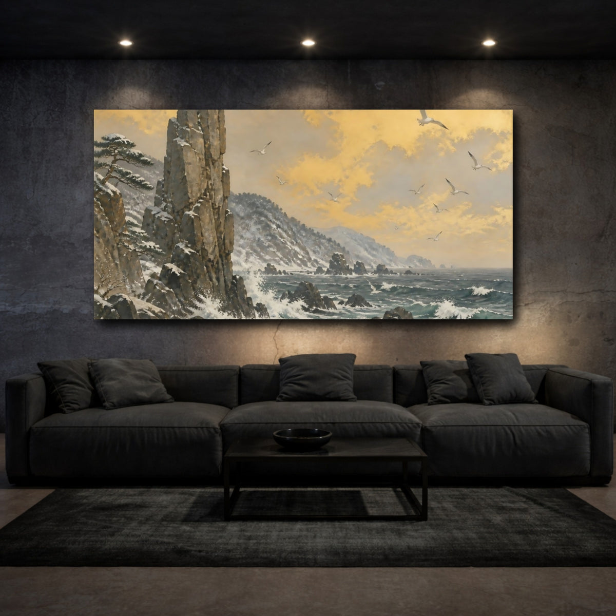 Mockup 3. Golden Sky Over Rocky Cliffs shown as canvas print