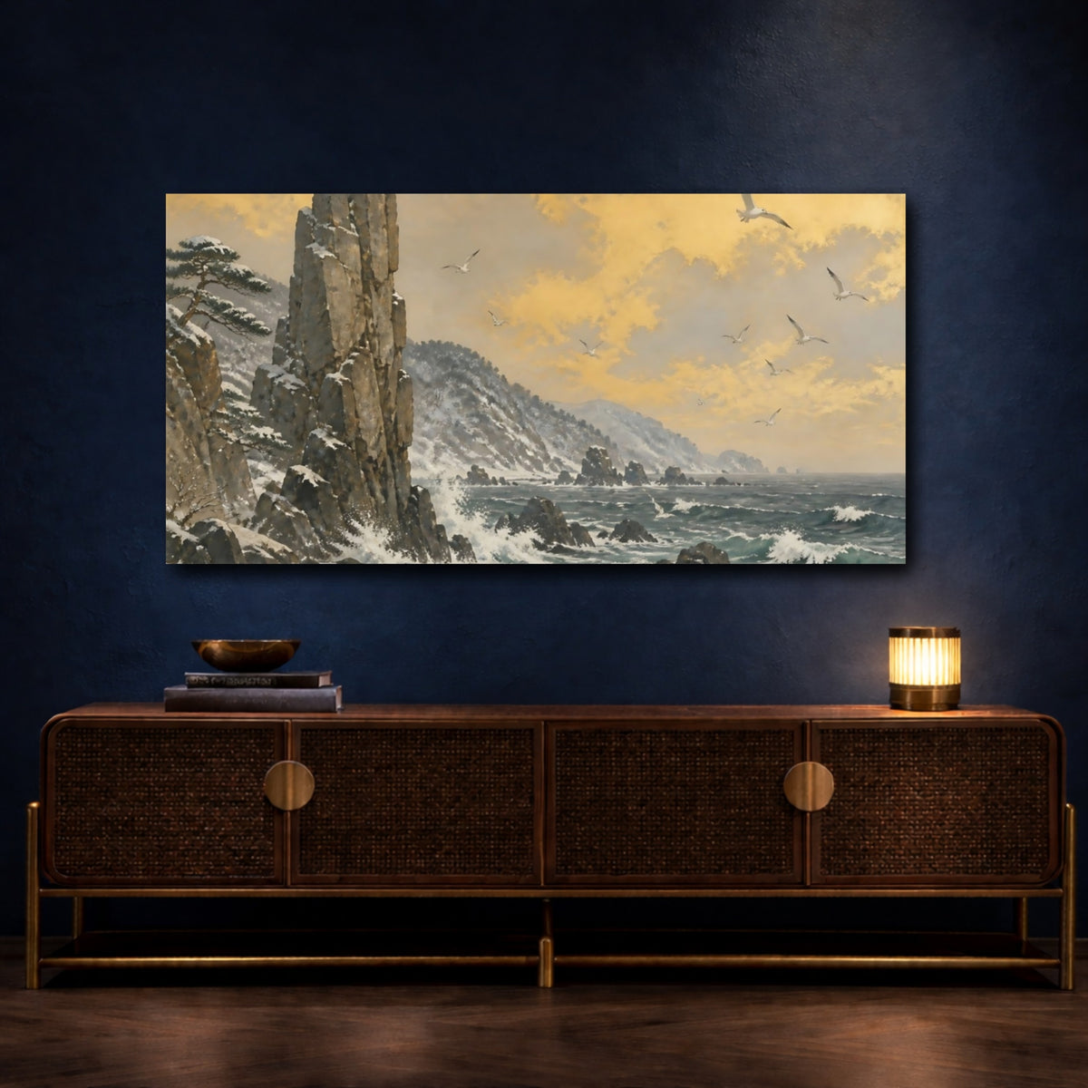 Mockup 4. Golden Sky Over Rocky Cliffs shown as canvas print
