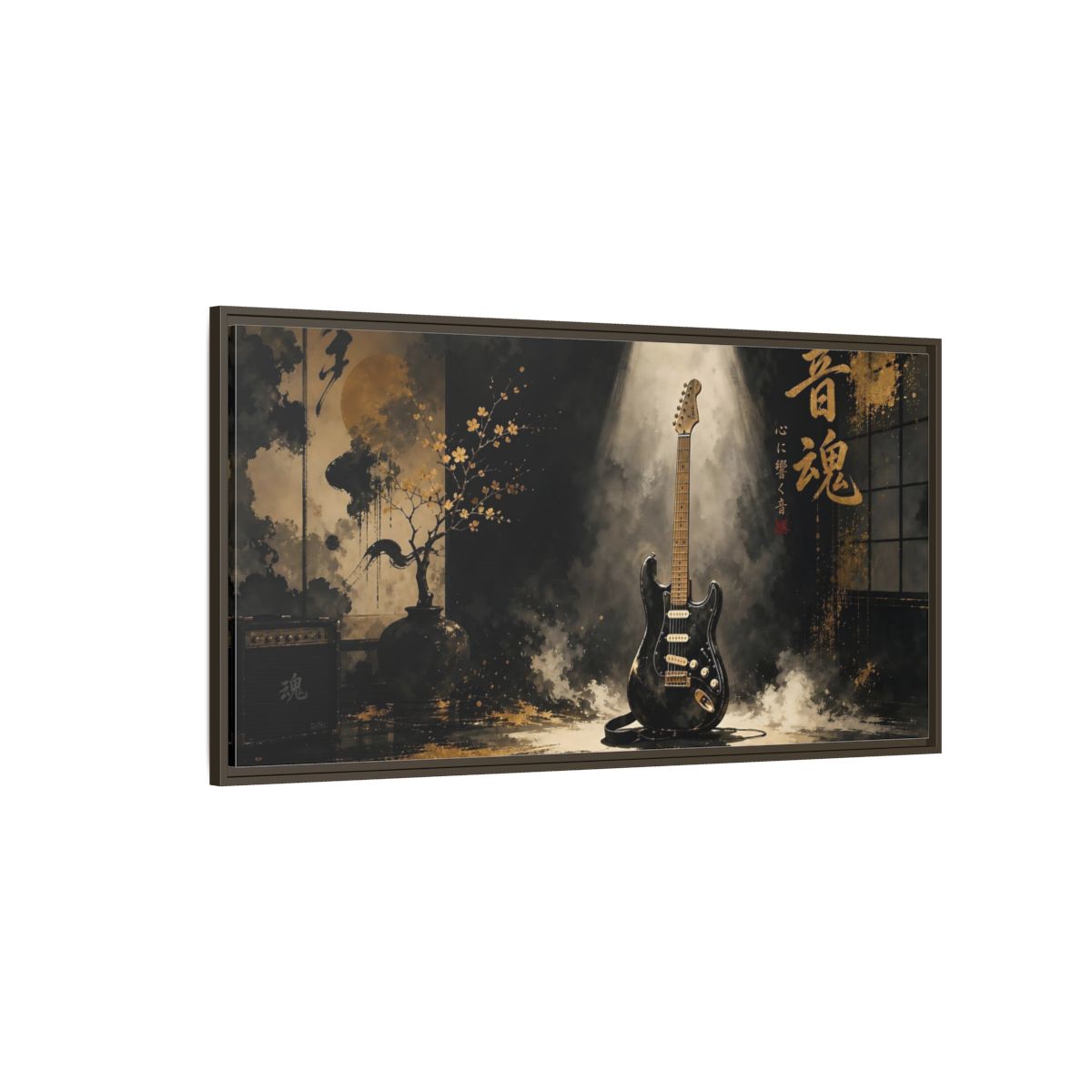 Side Mockup 4. Golden Soul Guitar shown as framed canvas print