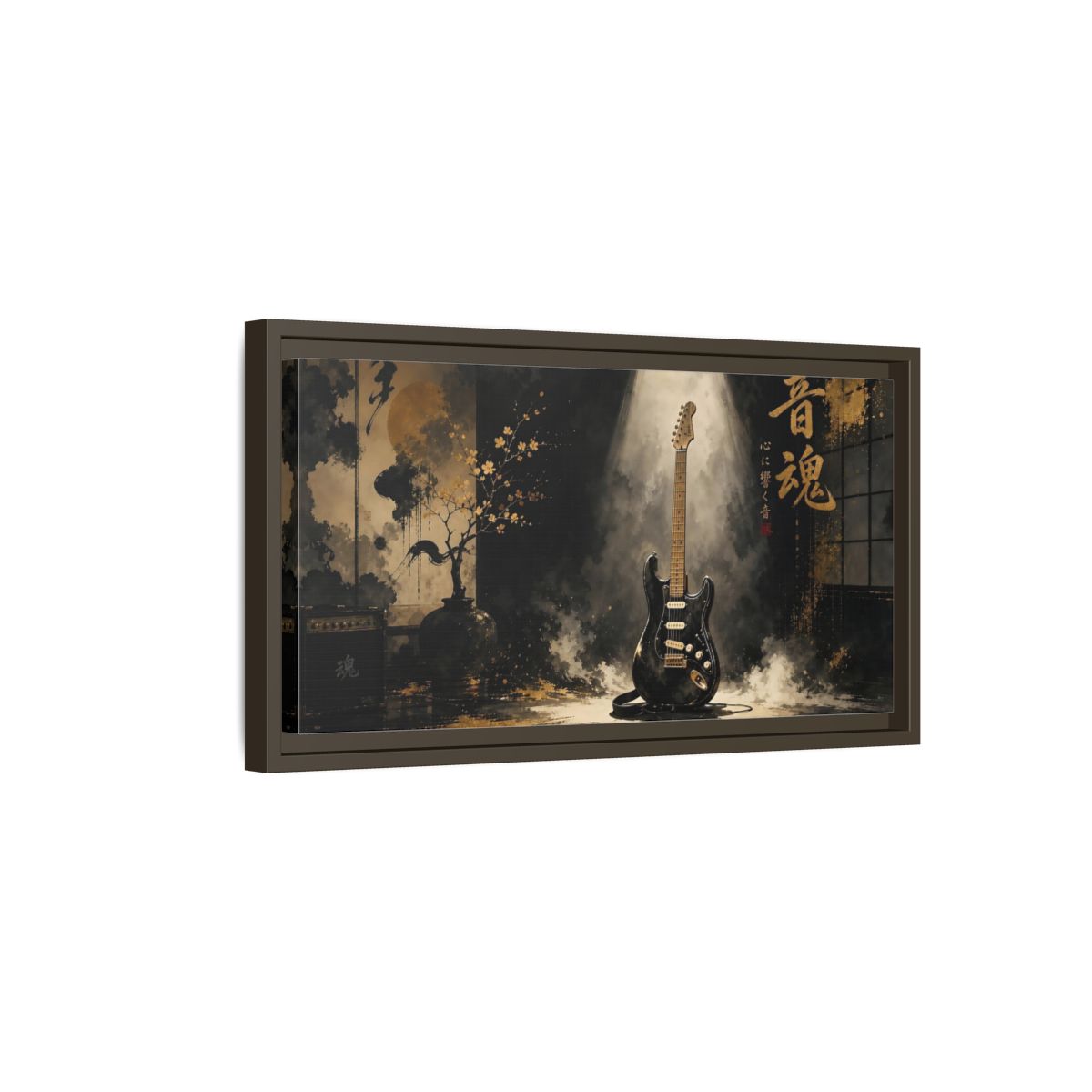 Side Mockup 7. Golden Soul Guitar shown as framed canvas print