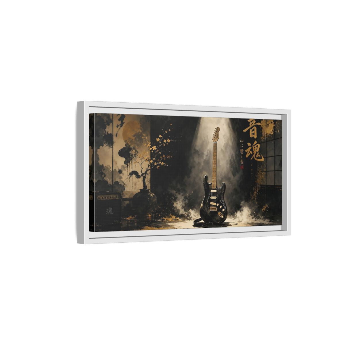 Side Mockup 6. Golden Soul Guitar shown as framed canvas print