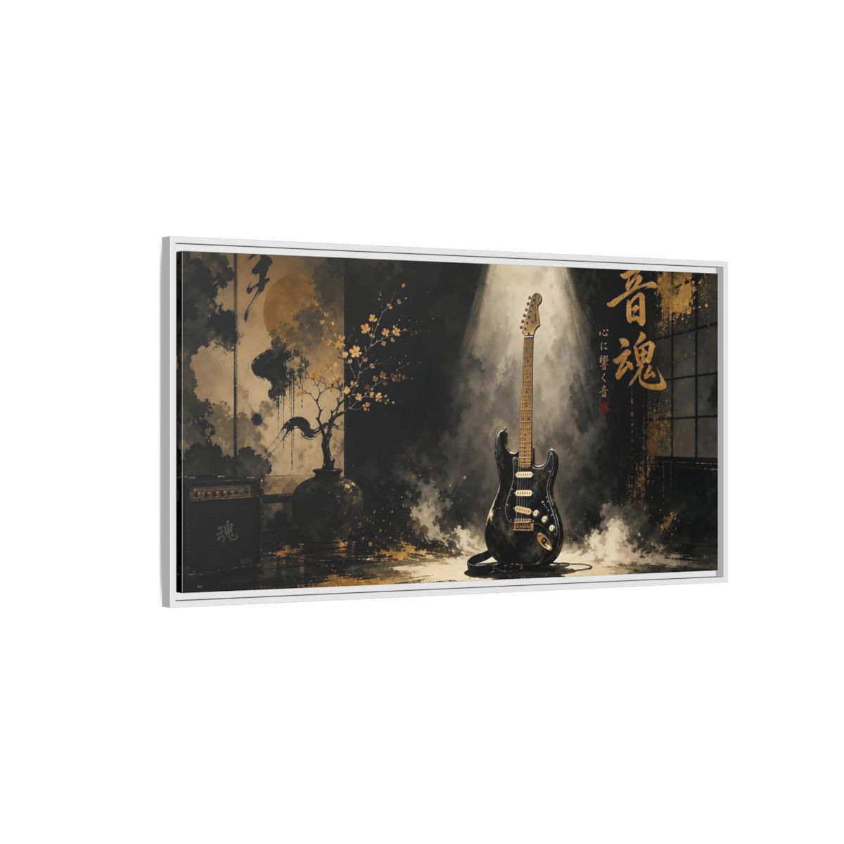 Side Mockup 3. Golden Soul Guitar shown as framed canvas print