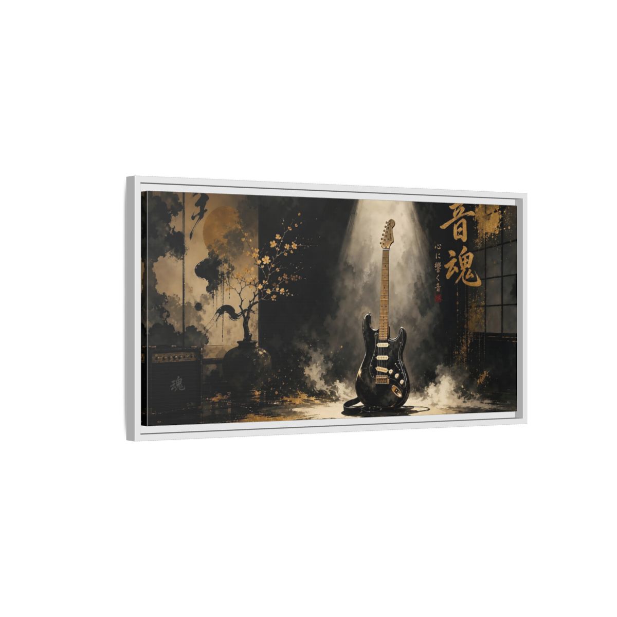 Side Mockup 1. Golden Soul Guitar shown as framed canvas print