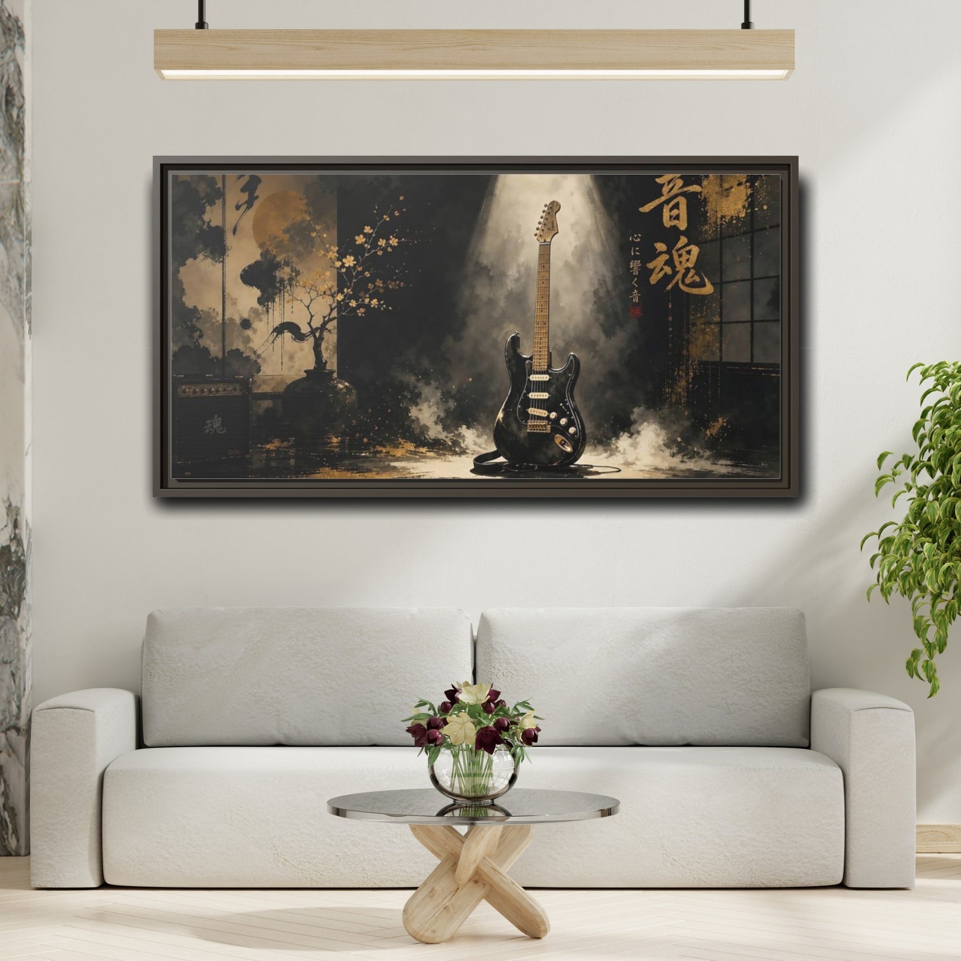 Mockup 2. Golden Soul Guitar shown as framed canvas print