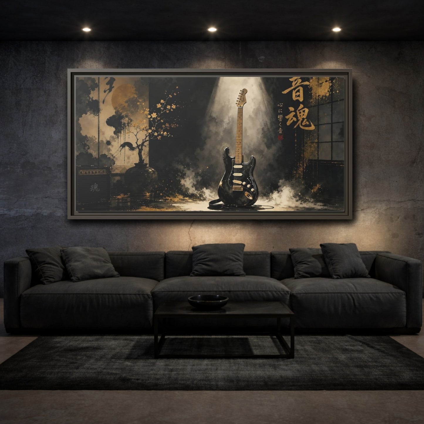 Mockup 3. Golden Soul Guitar shown as framed canvas print