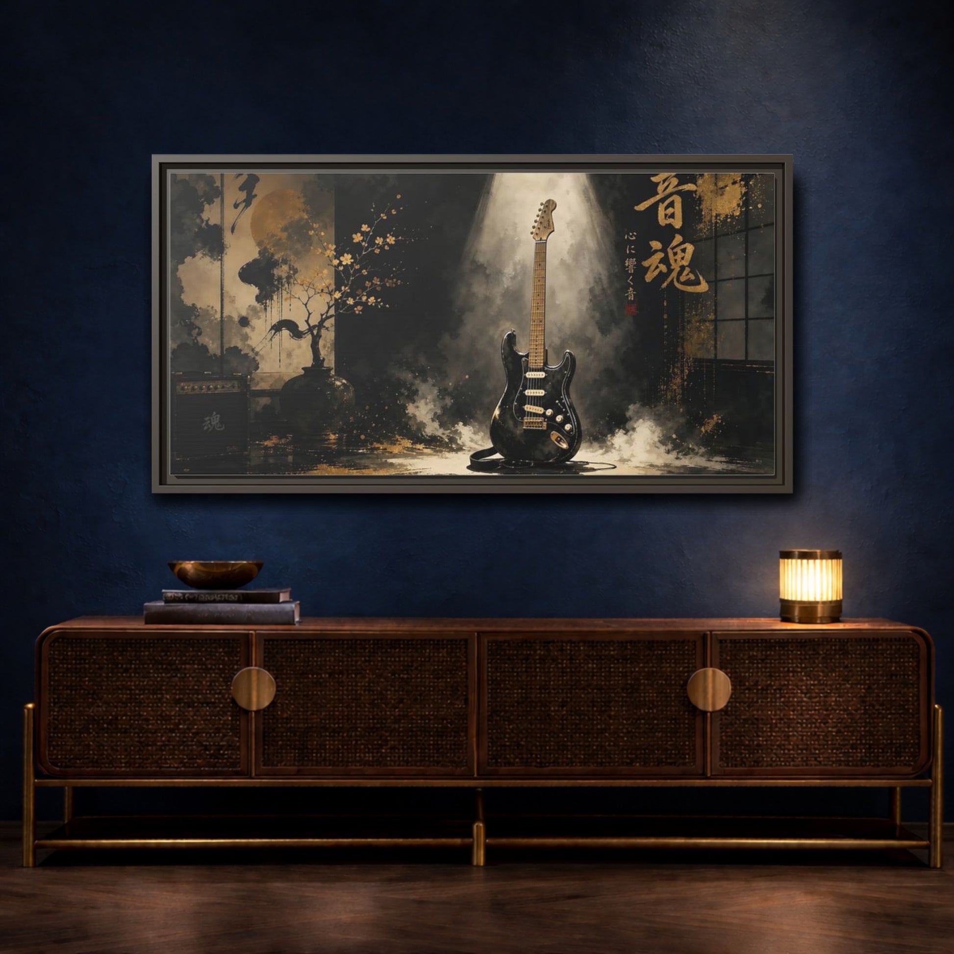 Mockup 4. Golden Soul Guitar shown as framed canvas print