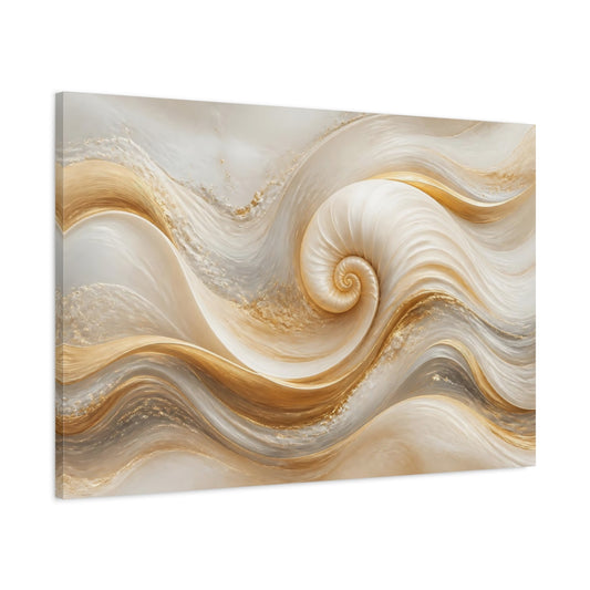 Main Mockup. Golden Spiral Shell Waves shown as canvas print