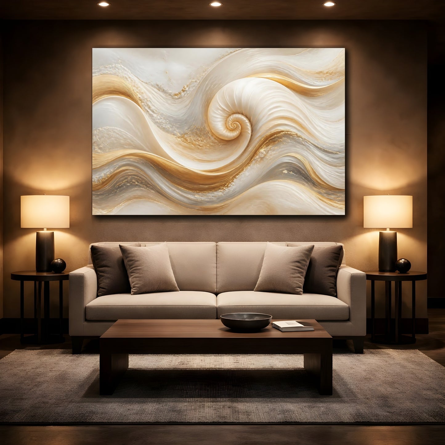 Mockup 2. Golden Spiral Shell Waves shown as canvas print