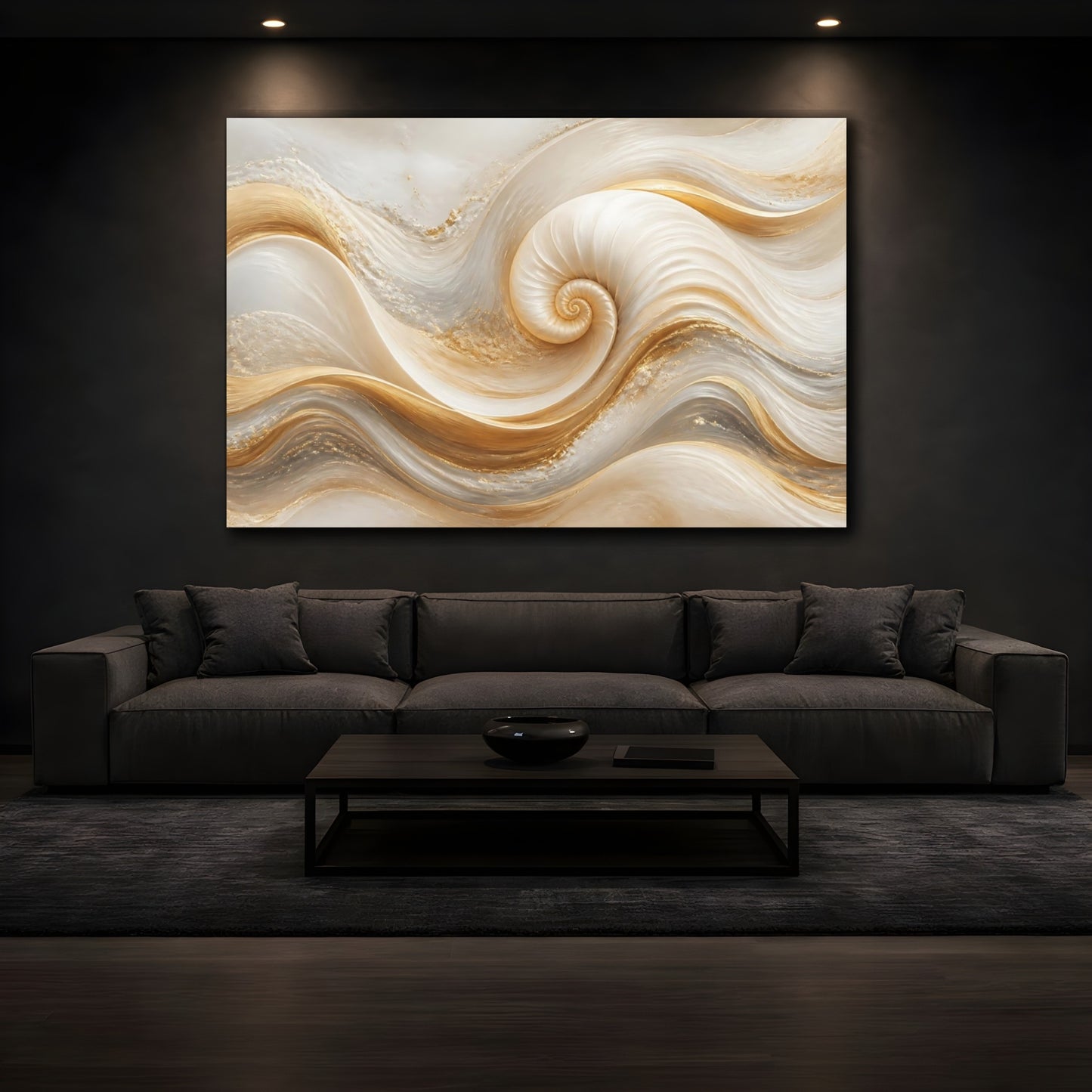 Mockup 3. Golden Spiral Shell Waves shown as canvas print