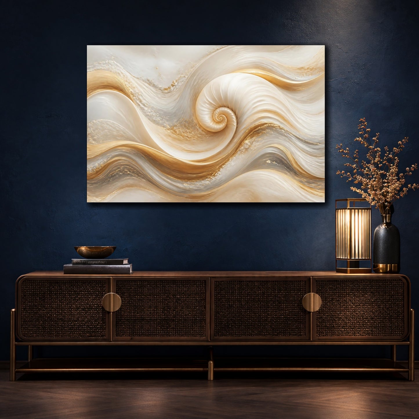 Mockup 4. Golden Spiral Shell Waves shown as canvas print