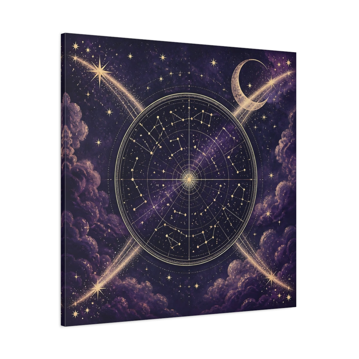 Side Mockup 1. Golden Star Map With Moon shown as canvas print