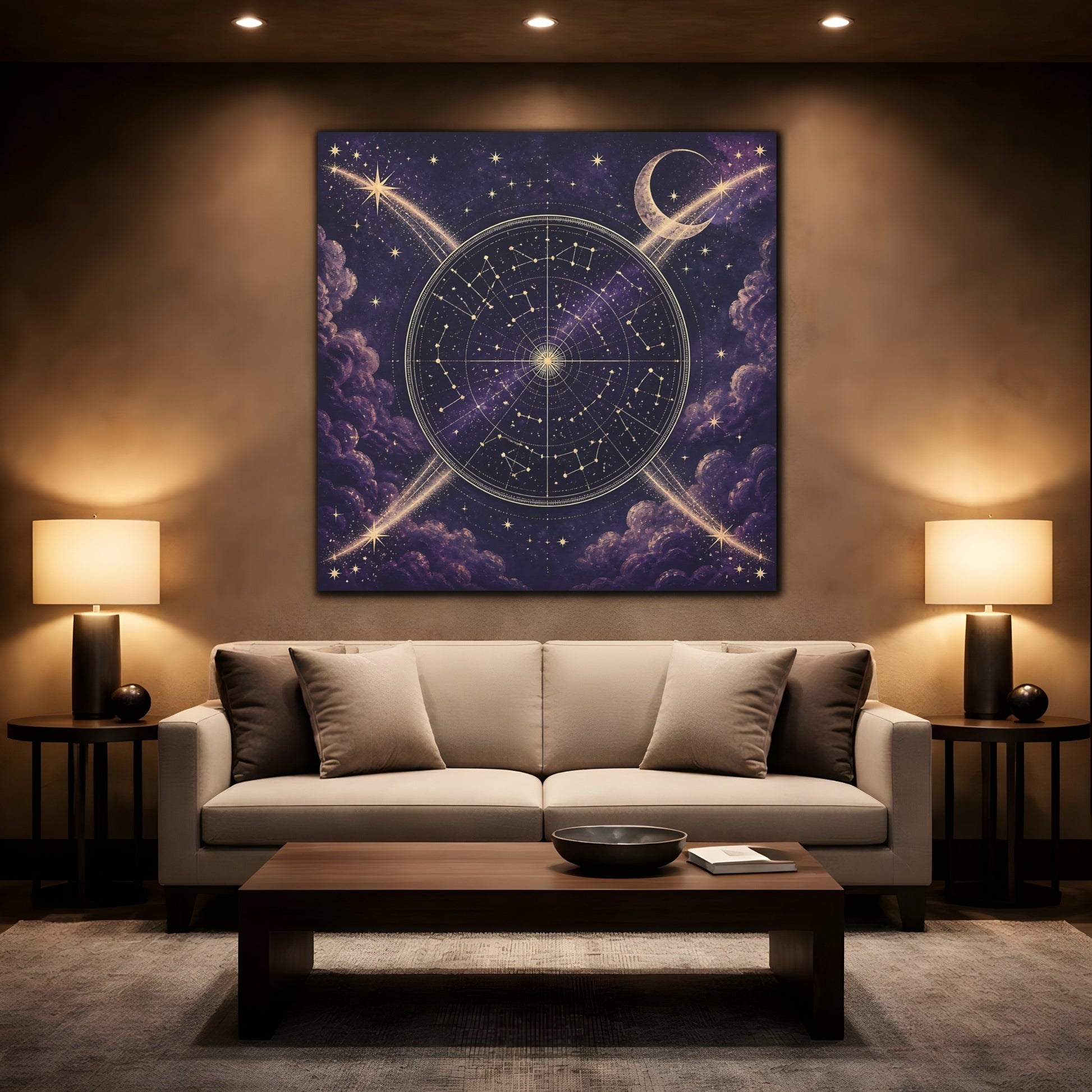 Mockup 2. Golden Star Map With Moon shown as canvas print