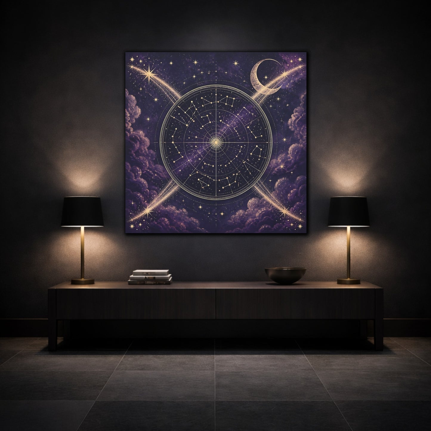 Mockup 3. Golden Star Map With Moon shown as canvas print