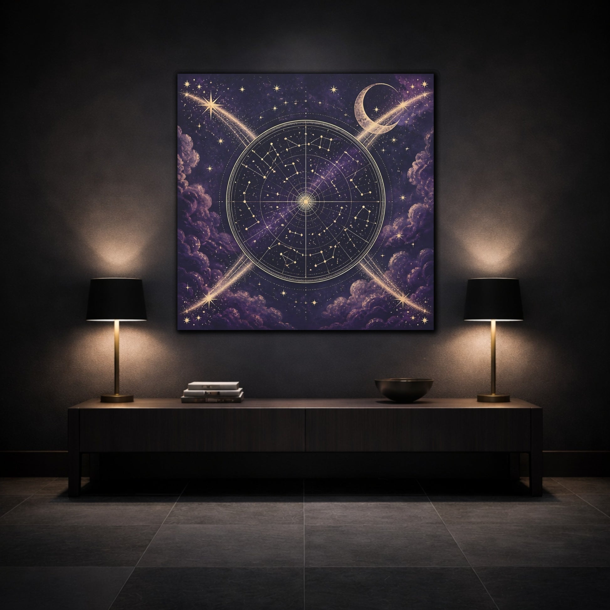 Mockup 3. Golden Star Map With Moon shown as canvas print