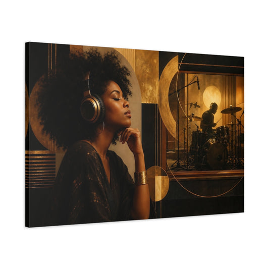 Main Mockup. Golden Studio Listening shown as canvas print