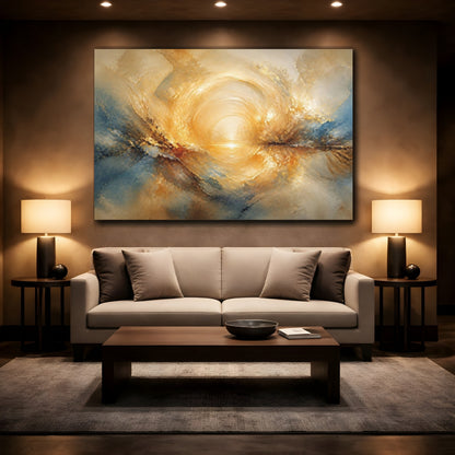 Mockup 2. Golden Sun Reflection shown as canvas print